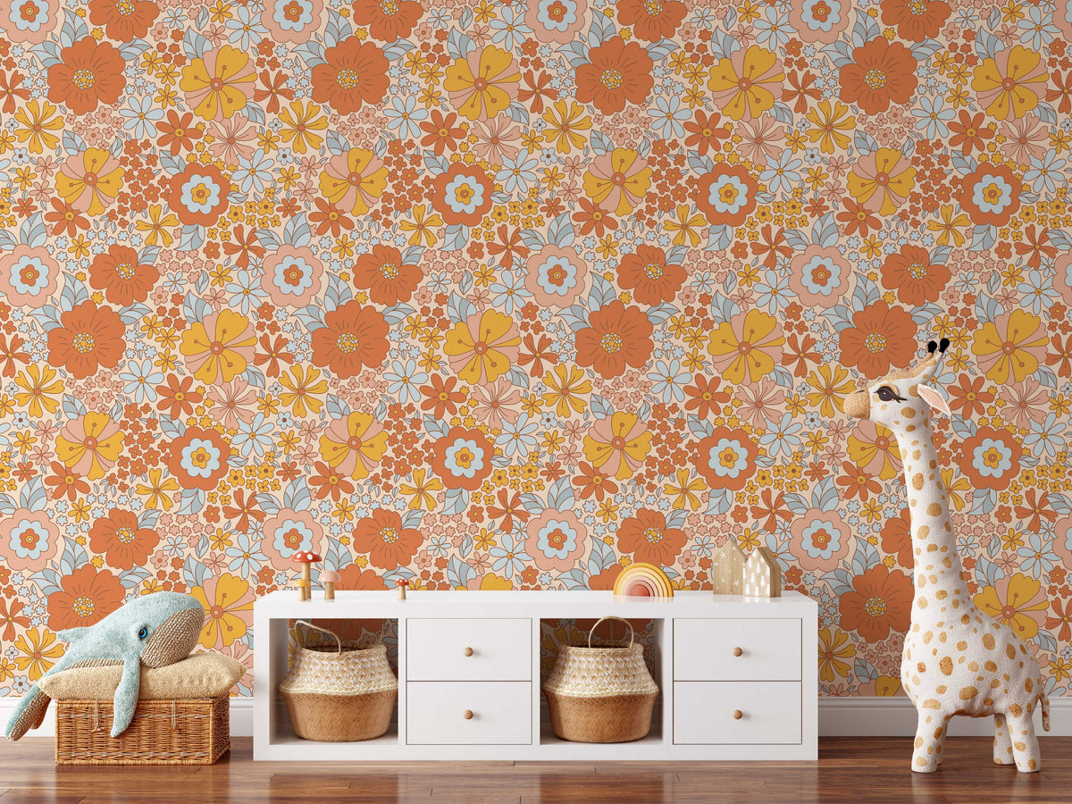 Retro 90s Floral Wallpaper – Green Planet Print