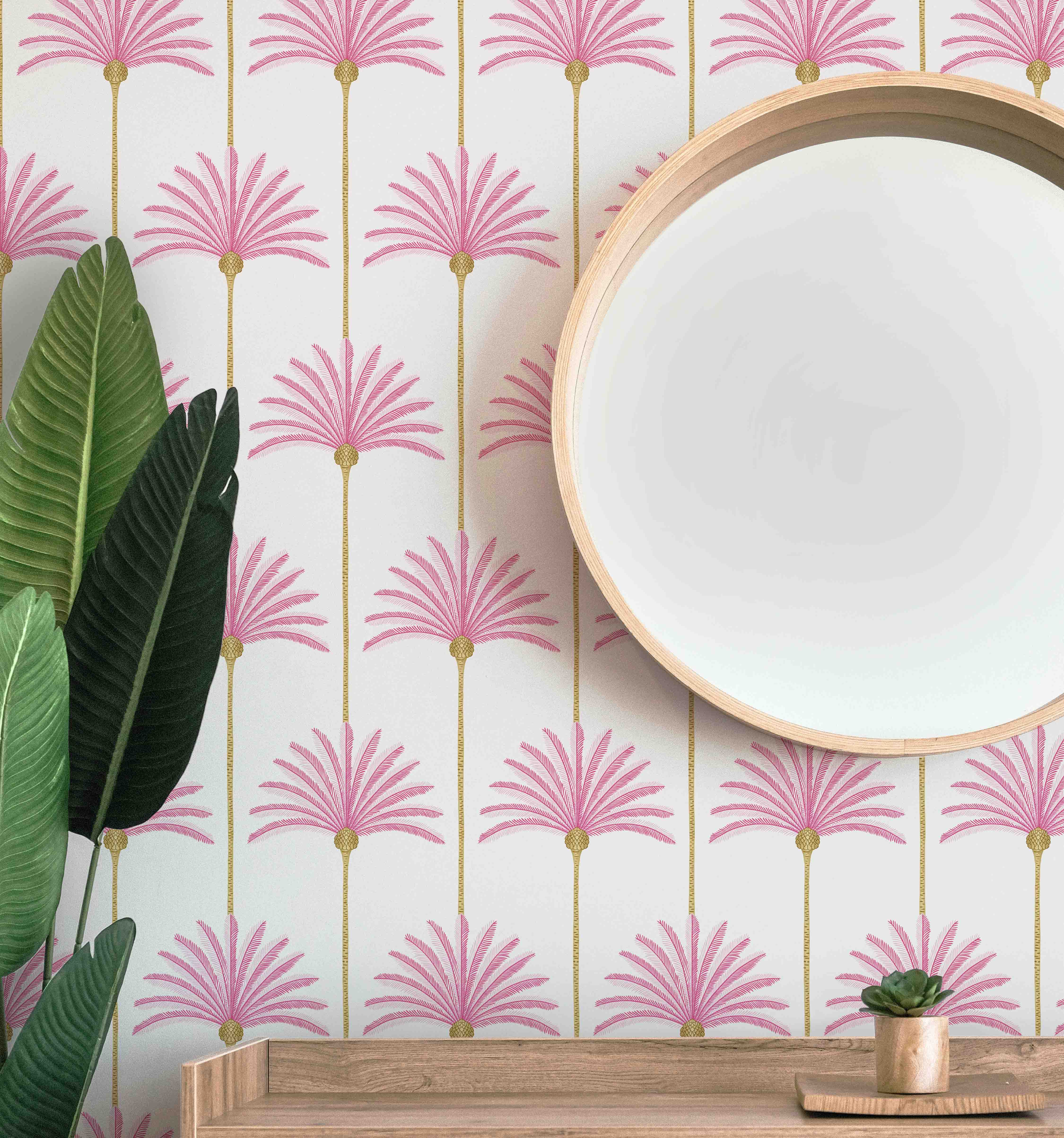 pink and green palm plant Pink Palm Stripes Wallcovering