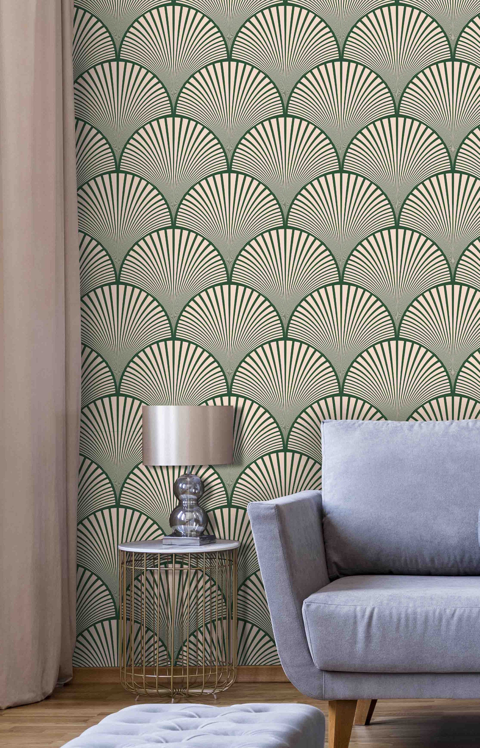 Art Deco Wallpaper  Peel  Stick Removable Wallpaper  Woven Texture   Green Planet Print